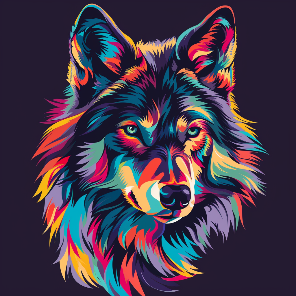 Vibrant depiction of a wolf using minimal design elements and bright colors.