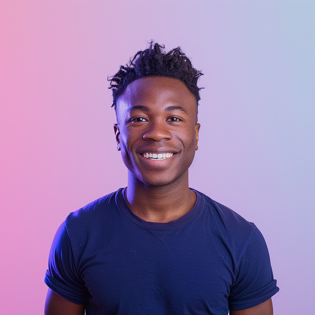 A photo of an attractive young black man with short hair, smiling at the camera, wearing a dark blue t-shirt. He is standing in front of a gradient background that transitions from light purple to pink. The lighting should be soft and even, highlighting his features without harsh shadows or reflections. His expression radiates confidence and warmth, adding depth to the overall composition. --ar 128:109