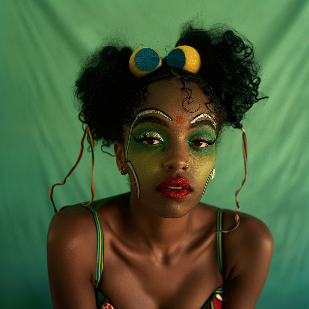 Shot using Hasselblad H6D400c of exotic juicy no smile. The background is bright Hunter Green, creating a striking contrast that highlights Glamour centerfold look. Hip Hop Exotic French pin up models with ((1988's Hip Hop style)). Model poses in front of camera with circus clown makeup serious look. ((Light hazel eyes)). Contrast portrait and fine detail with high motion. Studio lighting. ((Print Ad)) | Billboard| Magazine. HD. 8K. Cinematic. Movie scene. Centered shot. Supermodel face. Full-body to head. dynamic scene. Front view. Motion Blur. --ar 2:3 --v 6