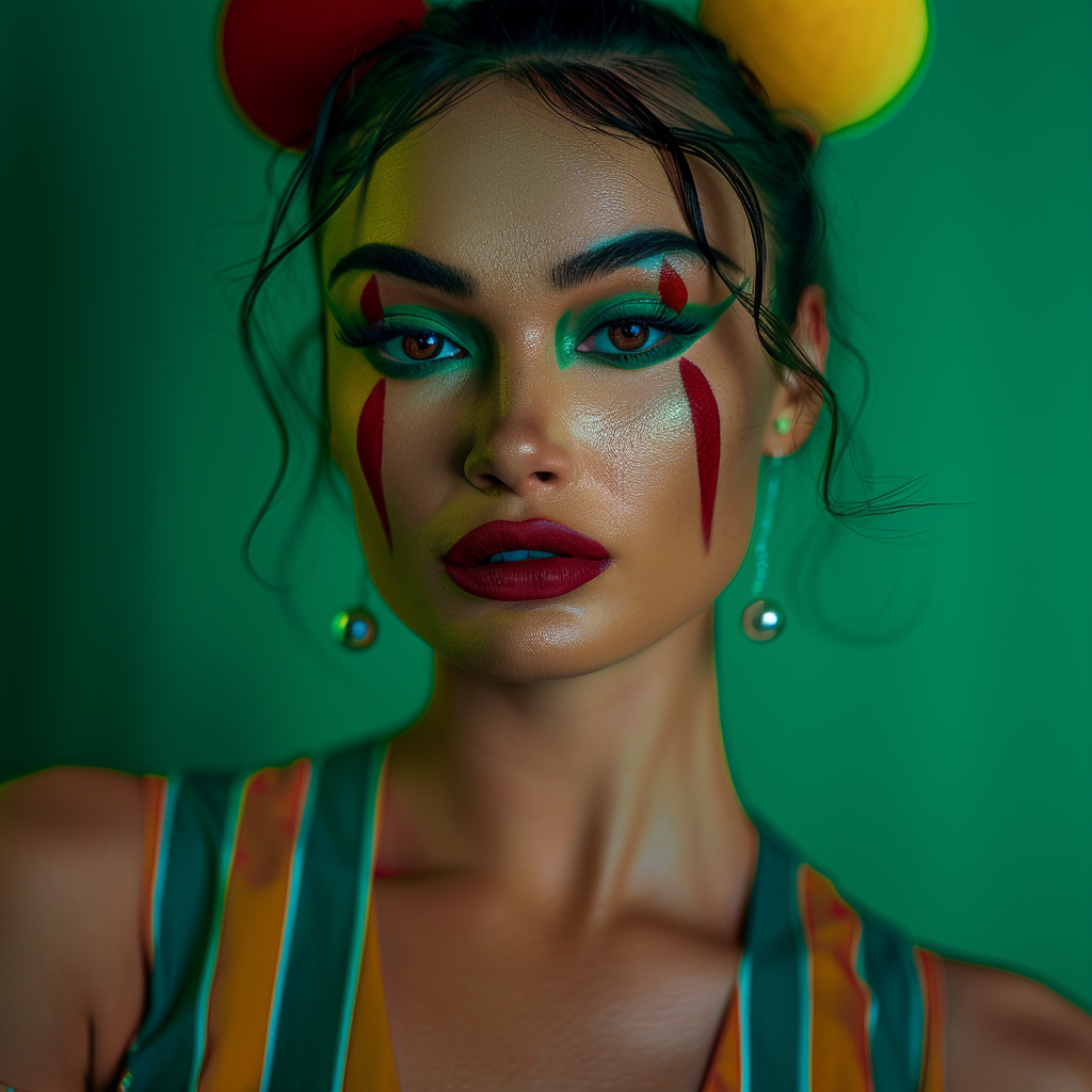 Shot using Hasselblad H6D400c of exotic juicy no smile. The background is bright Hunter Green, creating a striking contrast that highlights Glamour centerfold look. Hip Hop Exotic French pin up models with ((1988's Hip Hop style)). Model poses in front of camera with circus clown makeup serious look. ((Light hazel eyes)). Contrast portrait and fine detail with high motion. Studio lighting. ((Print Ad)) | Billboard| Magazine. HD. 8K. Cinematic. Movie scene. Centered shot. Supermodel face. Full-body to head. dynamic scene. Front view. Motion Blur. --ar 2:3 --v 6