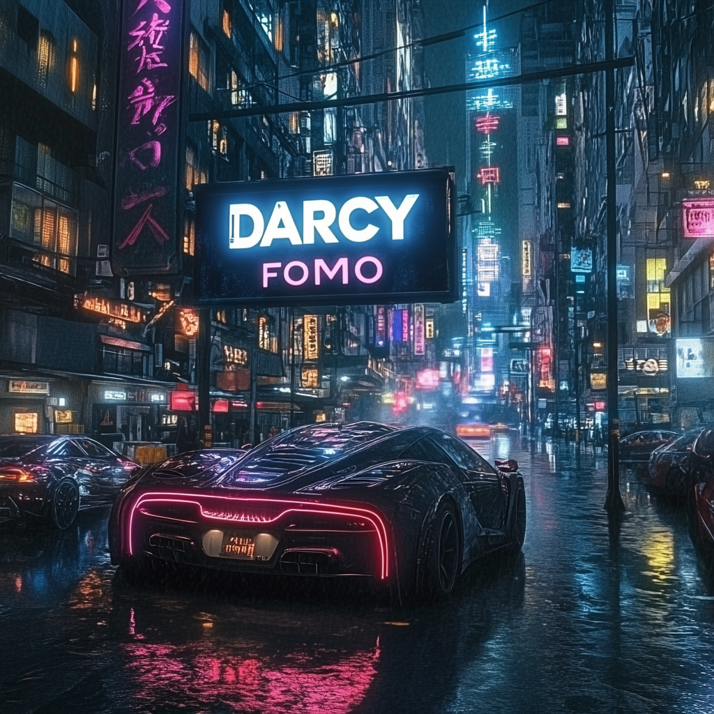 a display panel in a cyberpunk city displaying the text "DARCY FOMO", the city looks like Tokyo with a lot of skyscrapers and sport cars.