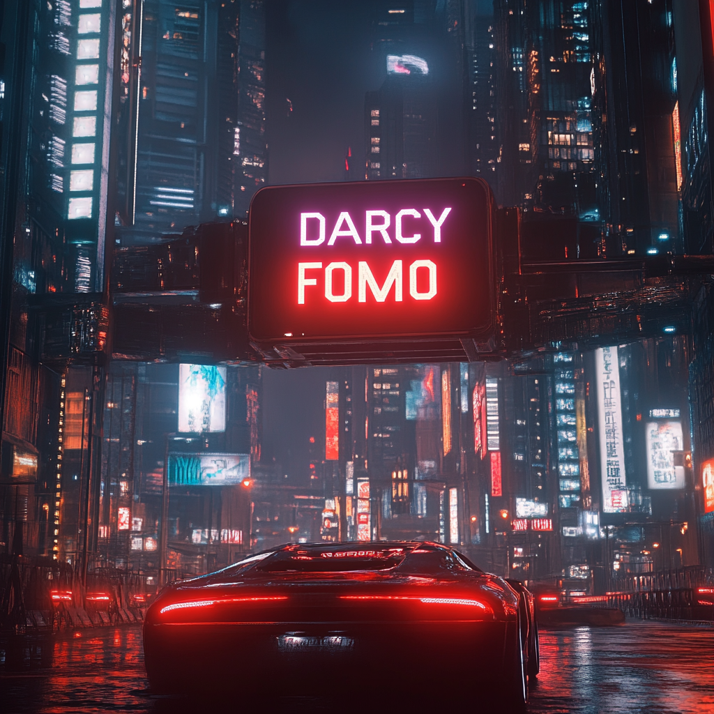 a display panel in a cyberpunk city displaying the text "DARCY FOMO", the city looks like Tokyo with a lot of skyscrapers and sport cars.