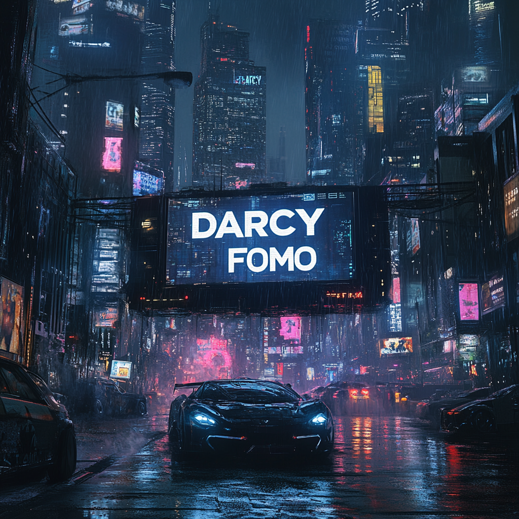 a display panel in a cyberpunk city displaying the text "DARCY FOMO", the city looks like Tokyo with a lot of skyscrapers and sport cars.