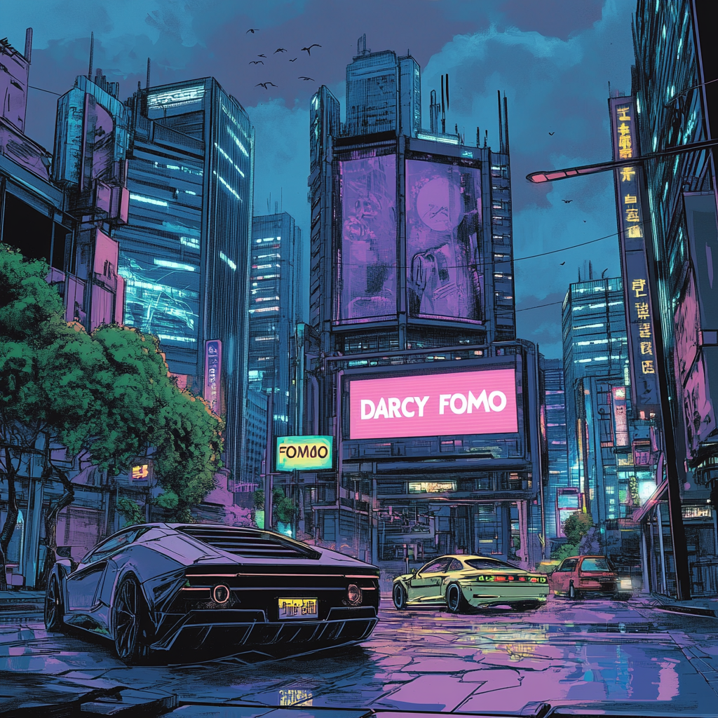 a display panel in a cyberpunk city displaying the text "DARCY FOMO", the city looks like Tokyo with a lot of skyscrapers and sport cars.