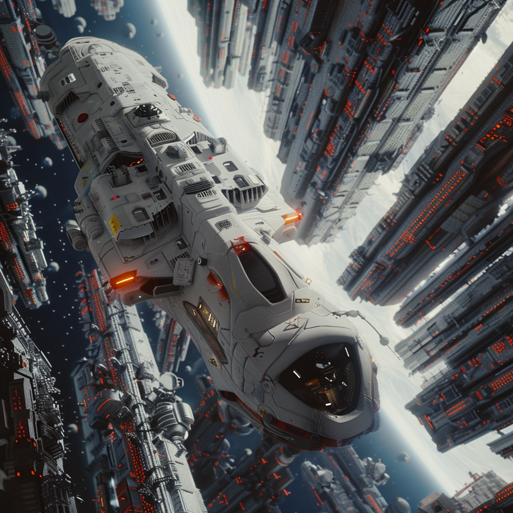 A 3D image shows a spaceship heading into space, featuring a cyberpunk aesthetic and wide scale.