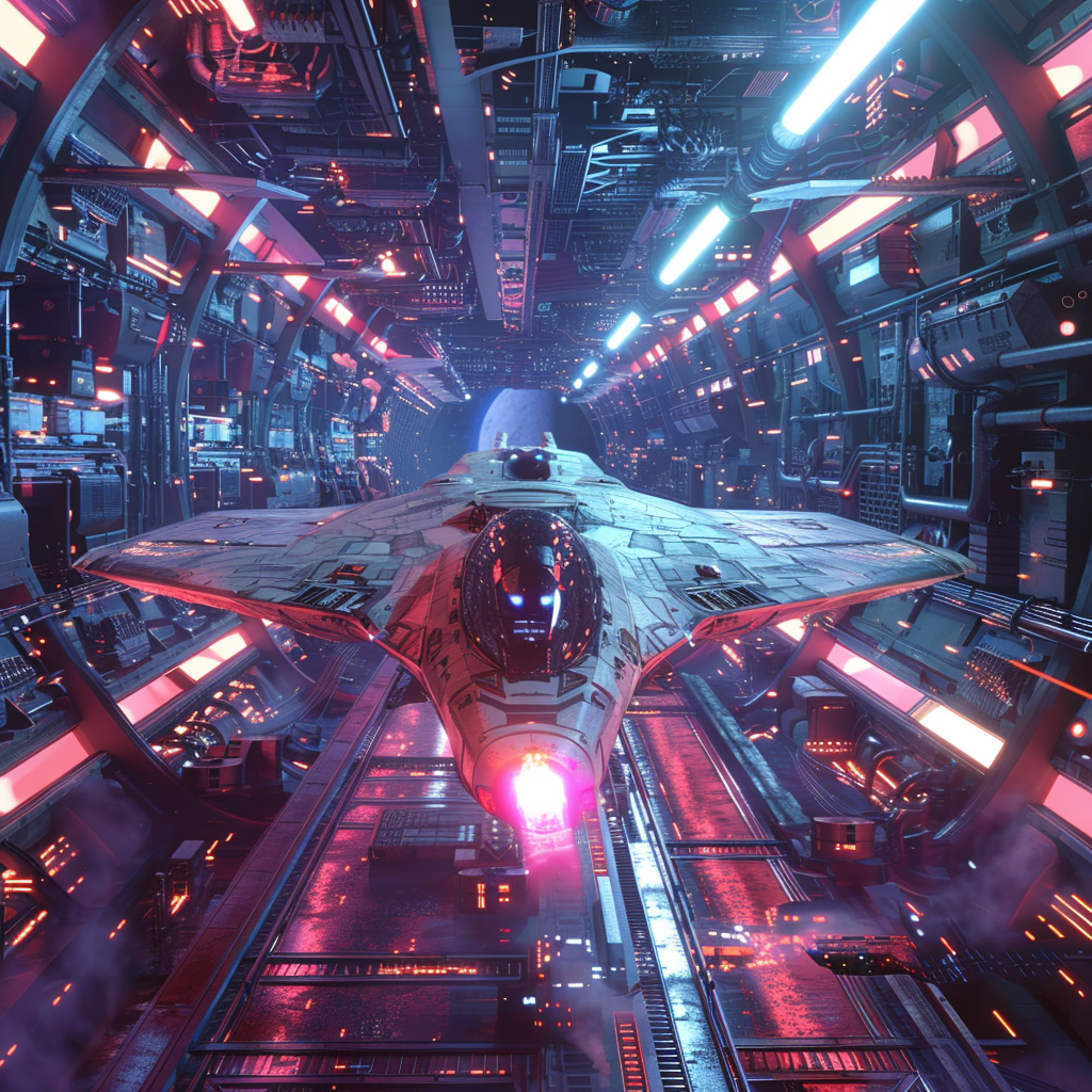 A 3D image shows a spaceship heading into space, featuring a cyberpunk aesthetic and wide scale.