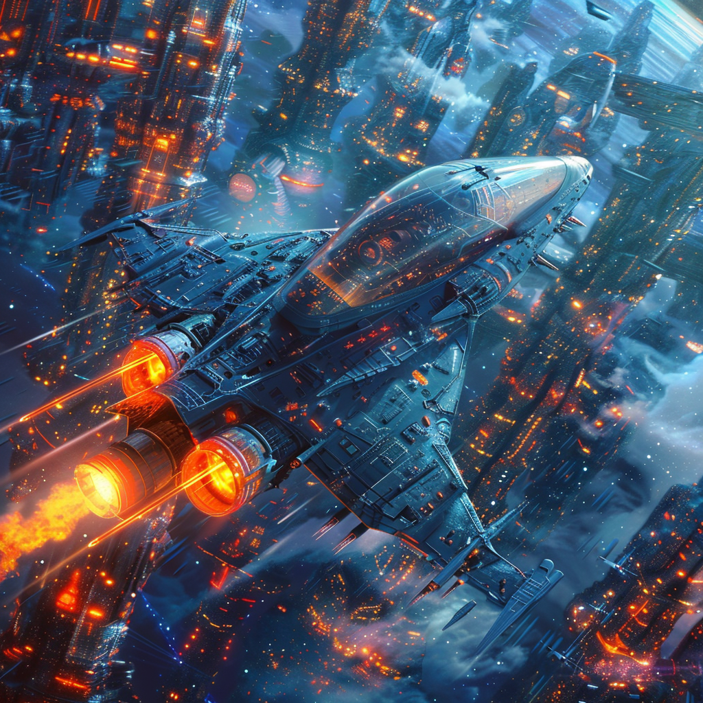 A 3D image shows a spaceship heading into space, featuring a cyberpunk aesthetic and wide scale.