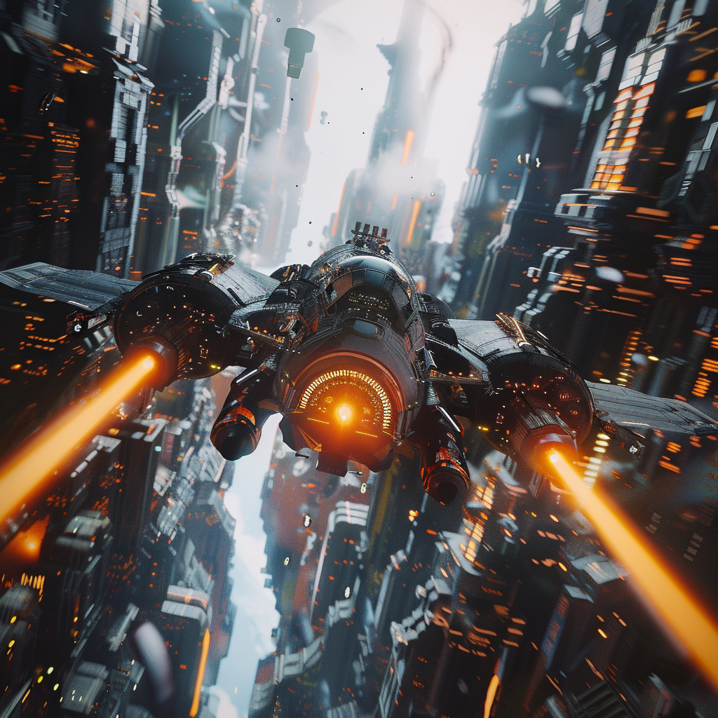 A 3D image shows a spaceship heading into space, featuring a cyberpunk aesthetic and wide scale.