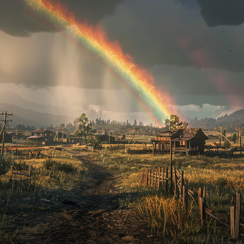 A rainbow appears over an abandoned rural town using the classic style.