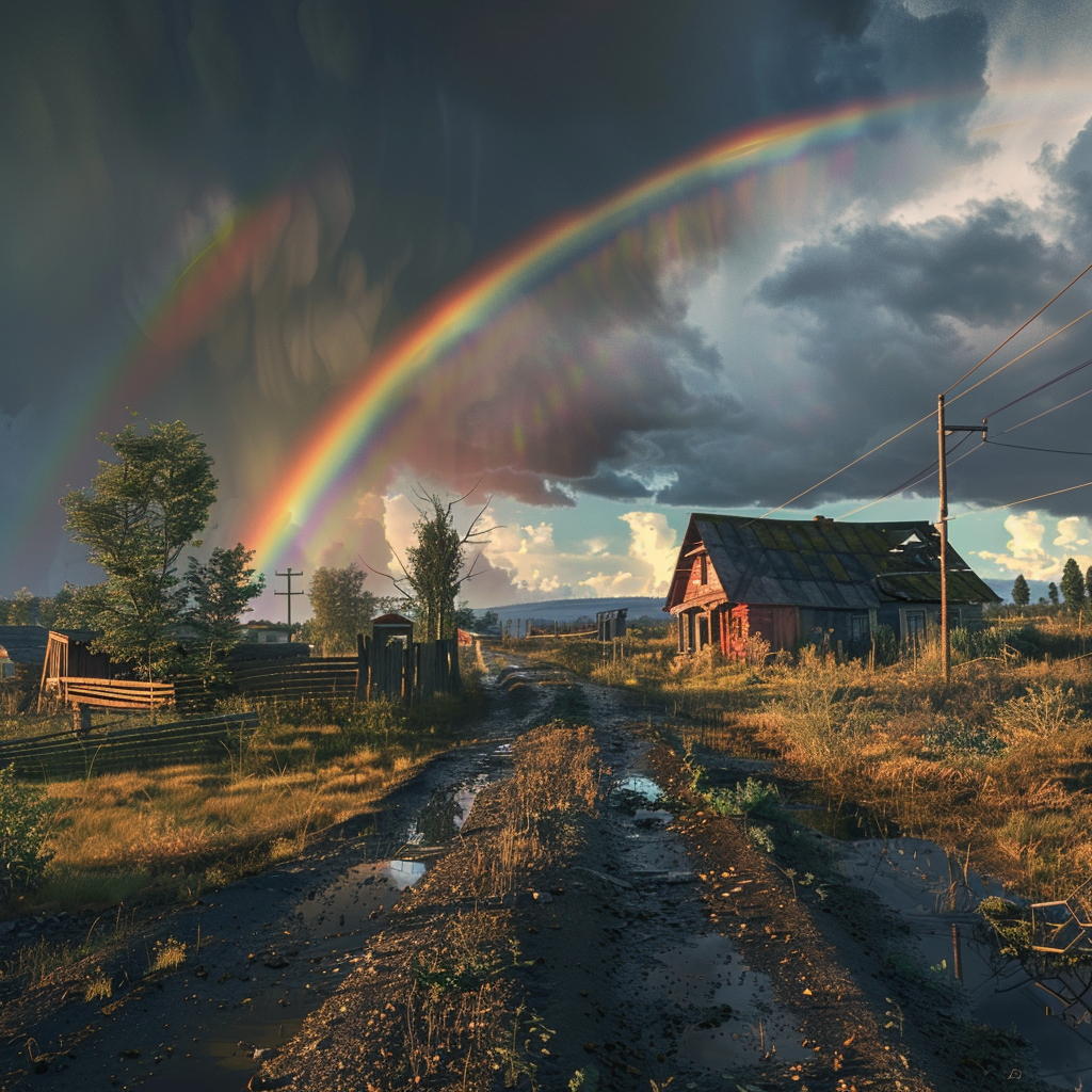 A rainbow appears over an abandoned rural town using the classic style.