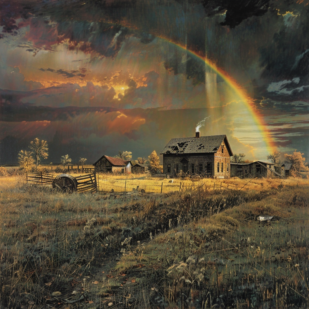 A rainbow appears over an abandoned rural town using the classic style.