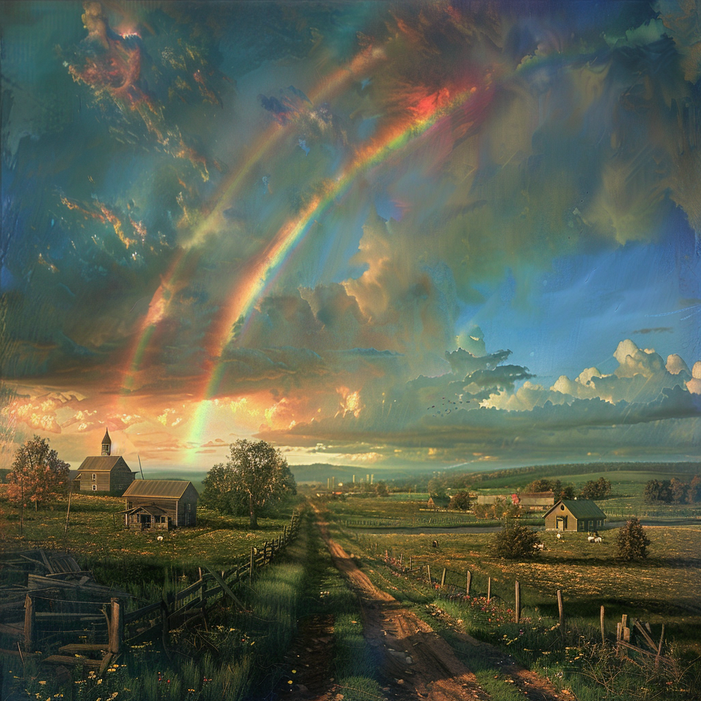 A rainbow appears over an abandoned rural town using the classic style.