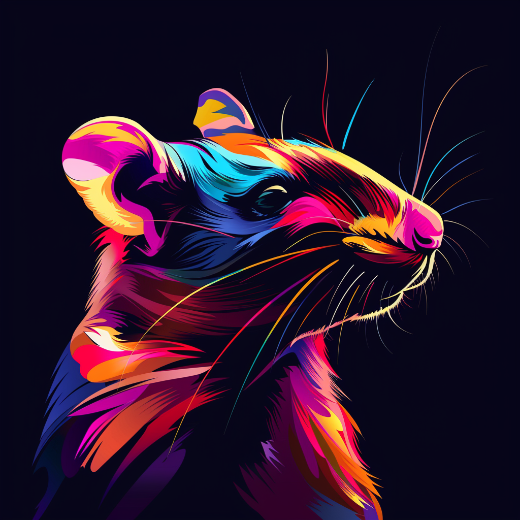 Vibrant depiction of a rat using minimal design elements and bright colors.