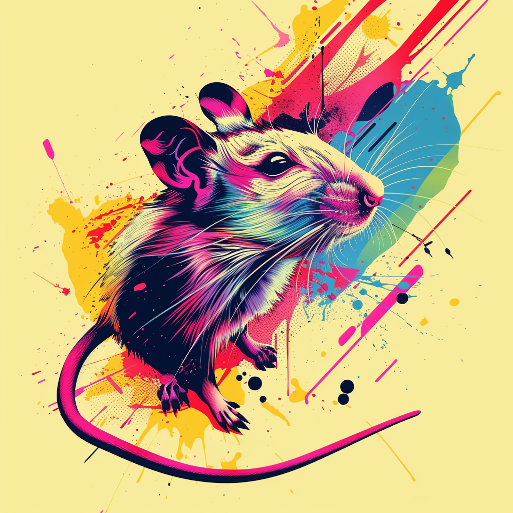 Vibrant depiction of a rat using minimal design elements and bright colors.