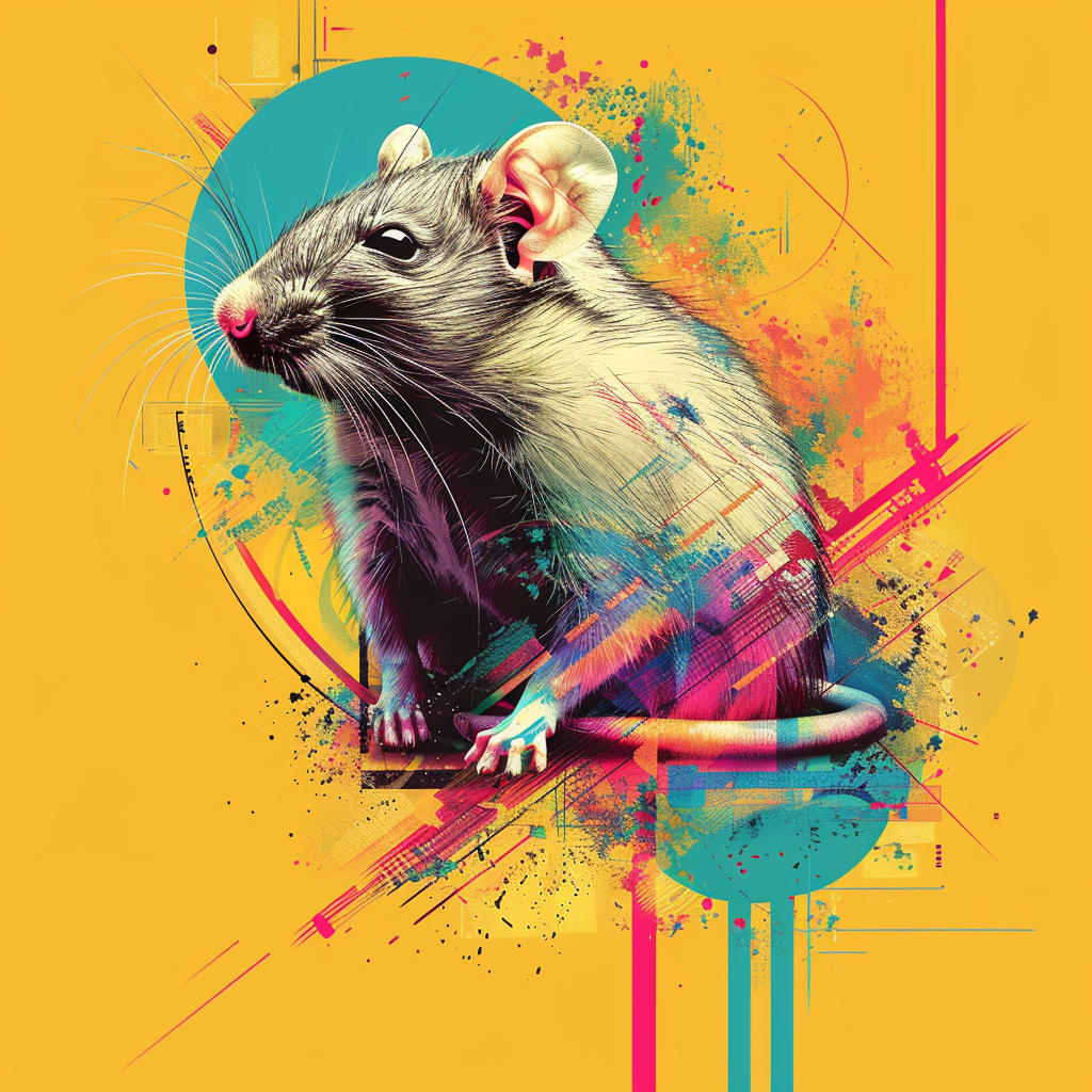 Vibrant depiction of a rat using minimal design elements and bright colors.