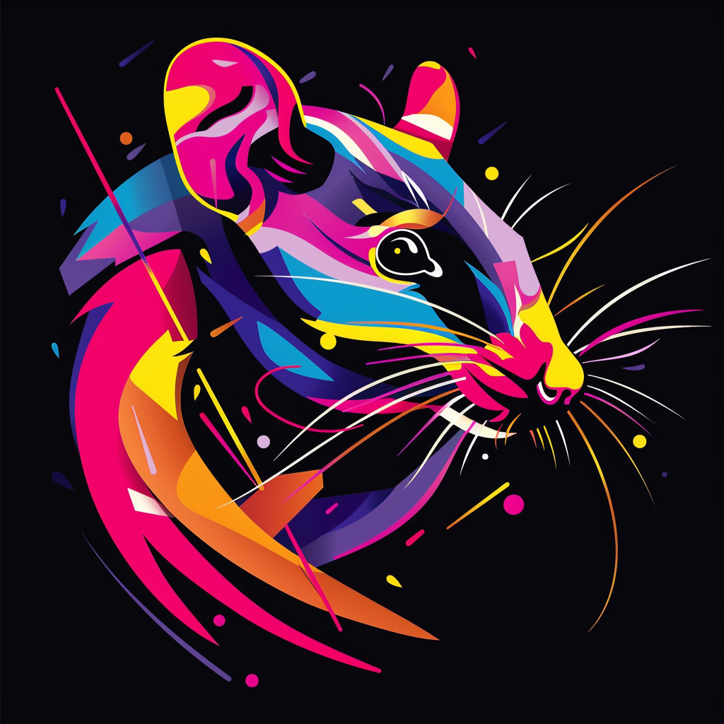 Vibrant depiction of a rat using minimal design elements and bright colors.