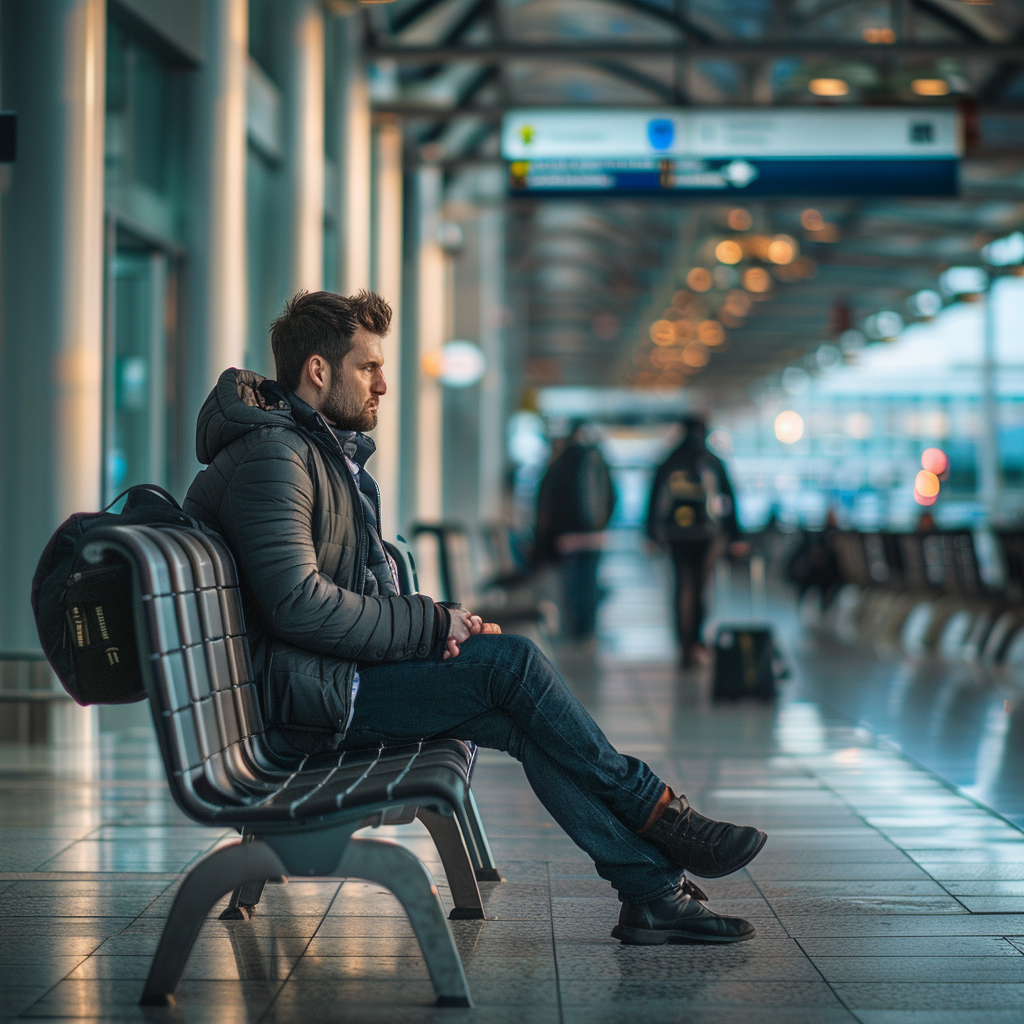 a landscape of picture of a guy waiting on a bench at newyork airport  ,Sony α7 III camera with a 85mm lens at F 1.2 aperture setting to blur the background and isolate the subject. The image should be shot in high resolution and in a 1:1 aspect ratio with photorealism mode on to create an ultra-realistic image that captures the landscape's natural beauty and personality