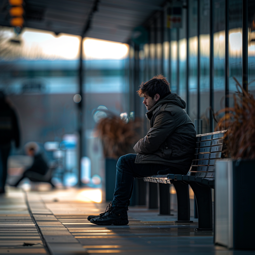 a landscape of picture of a guy waiting on a bench at newyork airport  ,Sony α7 III camera with a 85mm lens at F 1.2 aperture setting to blur the background and isolate the subject. The image should be shot in high resolution and in a 1:1 aspect ratio with photorealism mode on to create an ultra-realistic image that captures the landscape's natural beauty and personality