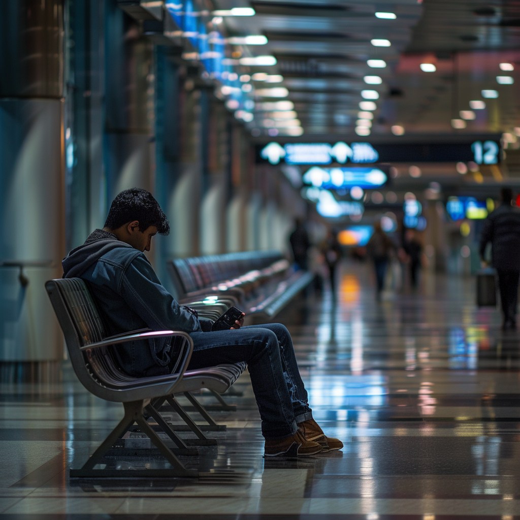 a landscape of picture of a guy waiting on a bench at newyork airport  ,Sony α7 III camera with a 85mm lens at F 1.2 aperture setting to blur the background and isolate the subject. The image should be shot in high resolution and in a 1:1 aspect ratio with photorealism mode on to create an ultra-realistic image that captures the landscape's natural beauty and personality