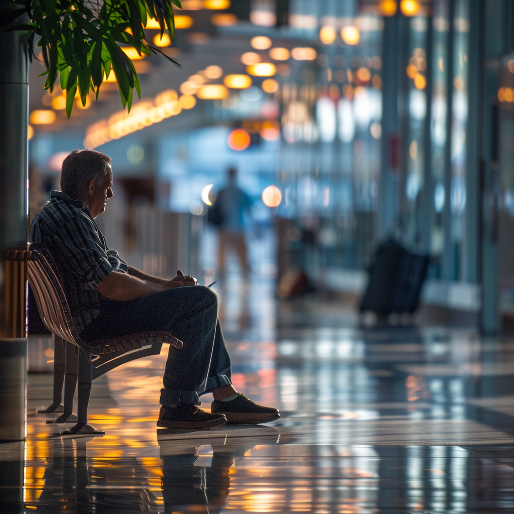 a landscape of picture of a guy waiting on a bench at newyork airport  ,Sony α7 III camera with a 85mm lens at F 1.2 aperture setting to blur the background and isolate the subject. The image should be shot in high resolution and in a 1:1 aspect ratio with photorealism mode on to create an ultra-realistic image that captures the landscape's natural beauty and personality