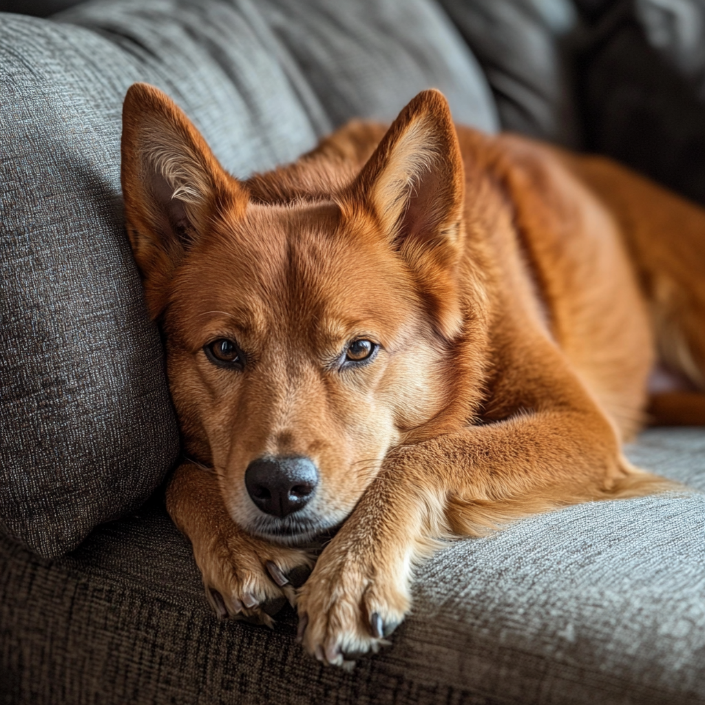 a red dog laying on the couch