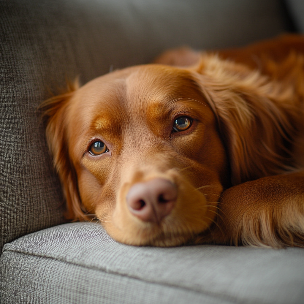 a red dog laying on the couch