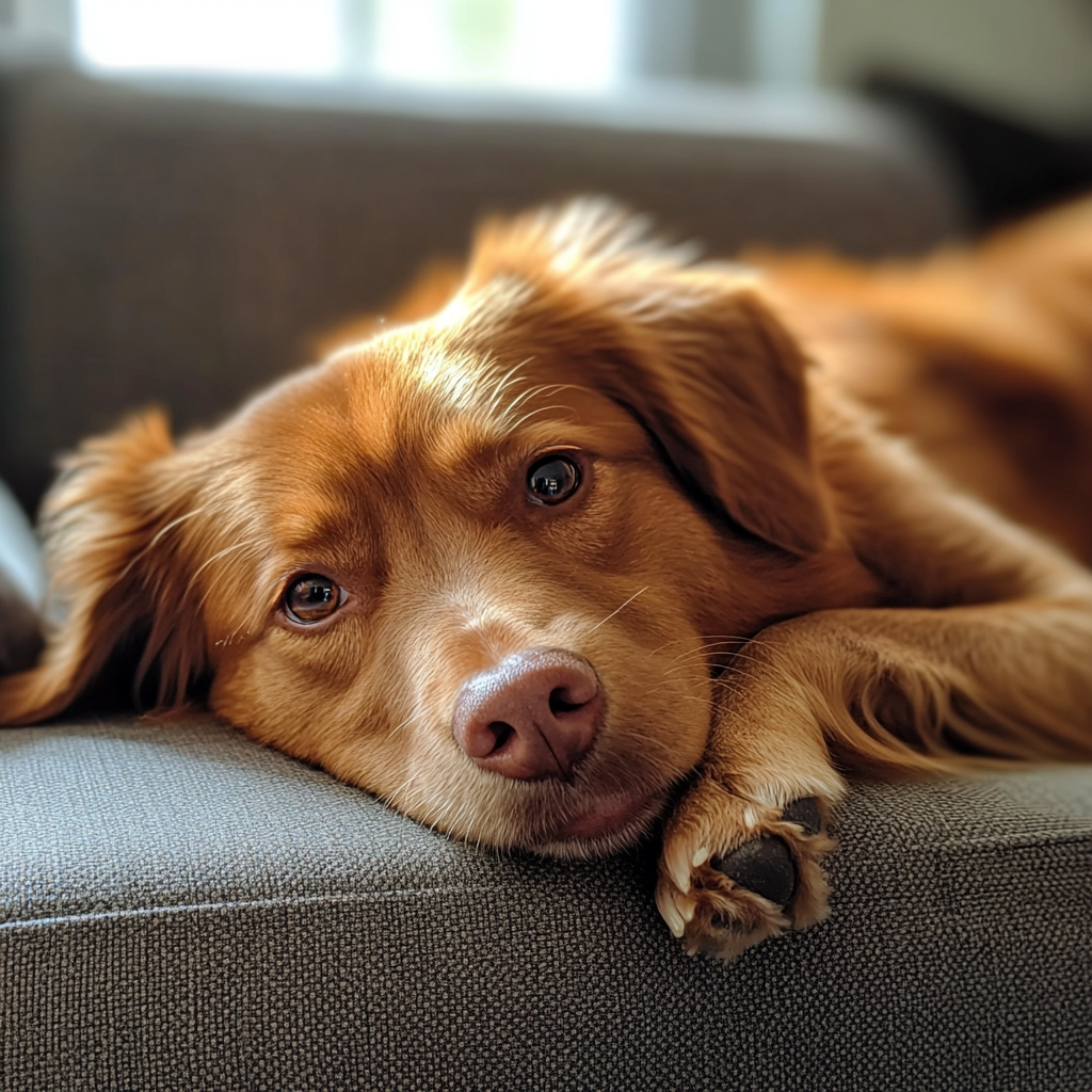 a red dog laying on the couch