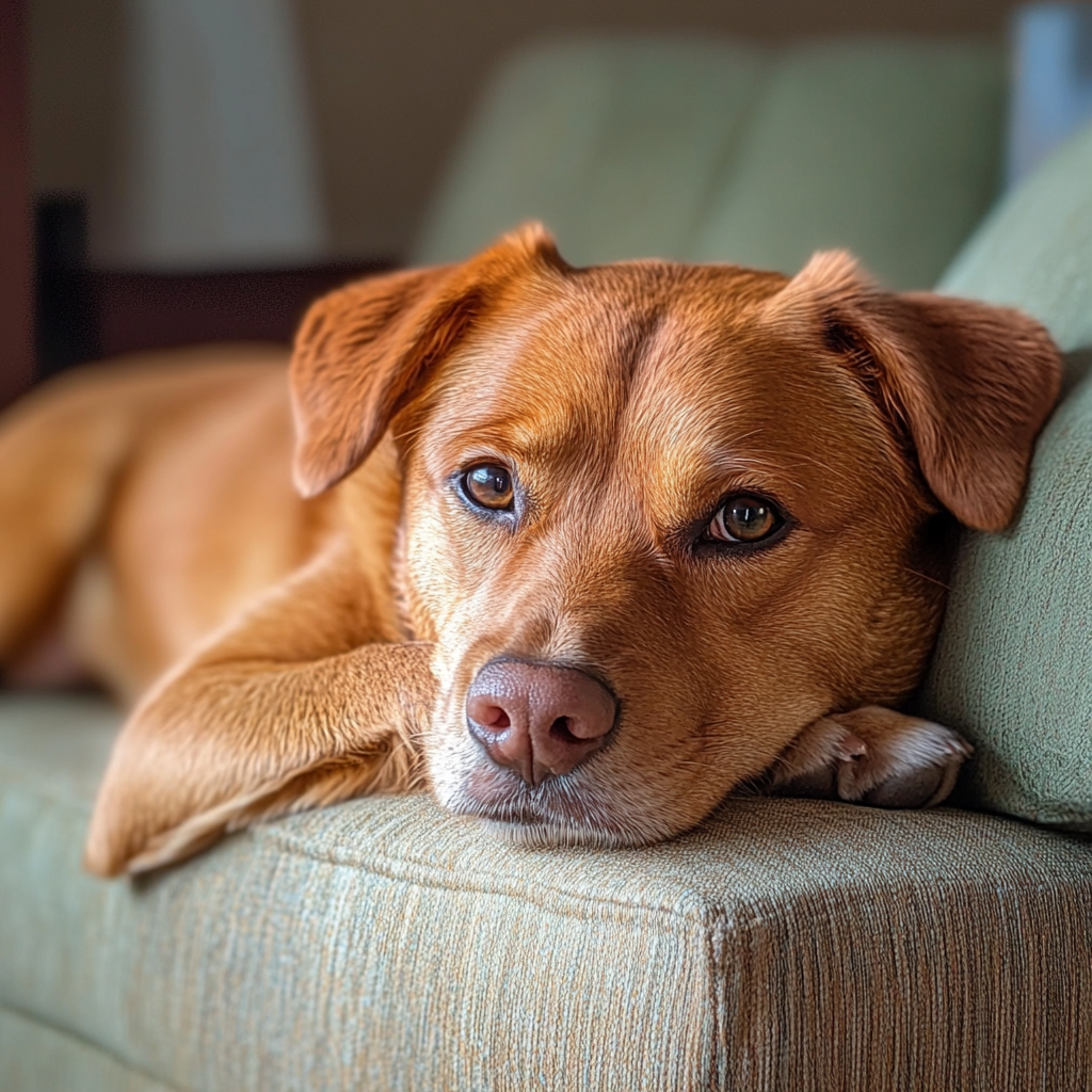 a red dog laying on the couch