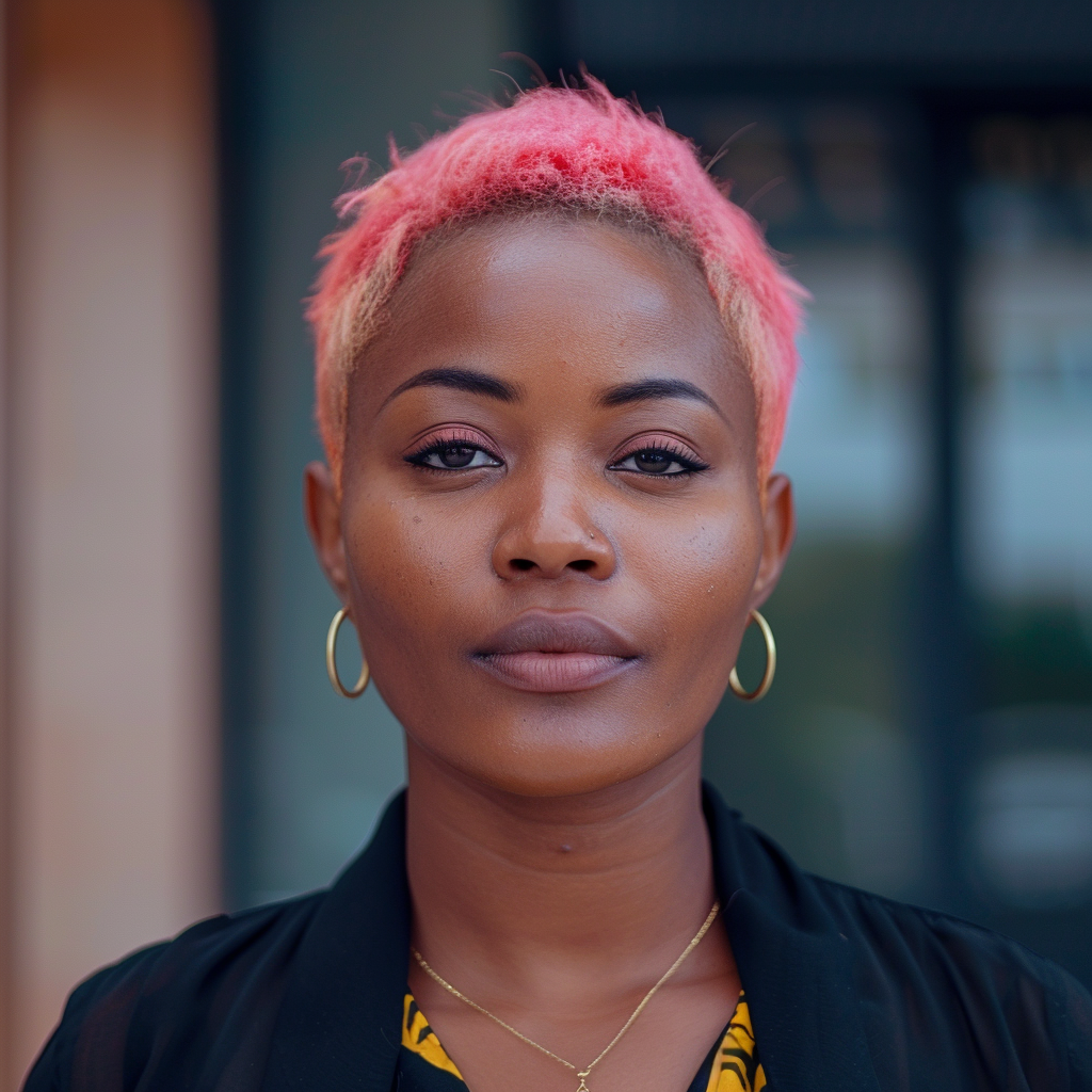 a portrait of black woman with short pink tint hair ,Sony α7 III camera with a 85mm lens at F 1.2 aperture setting to blur the background and isolate the subject. The image should be shot in high resolution and in a 1:1 aspect ratio with photorealism mode on to create an ultra-realistic image that captures the subject’s natural beauty and personality