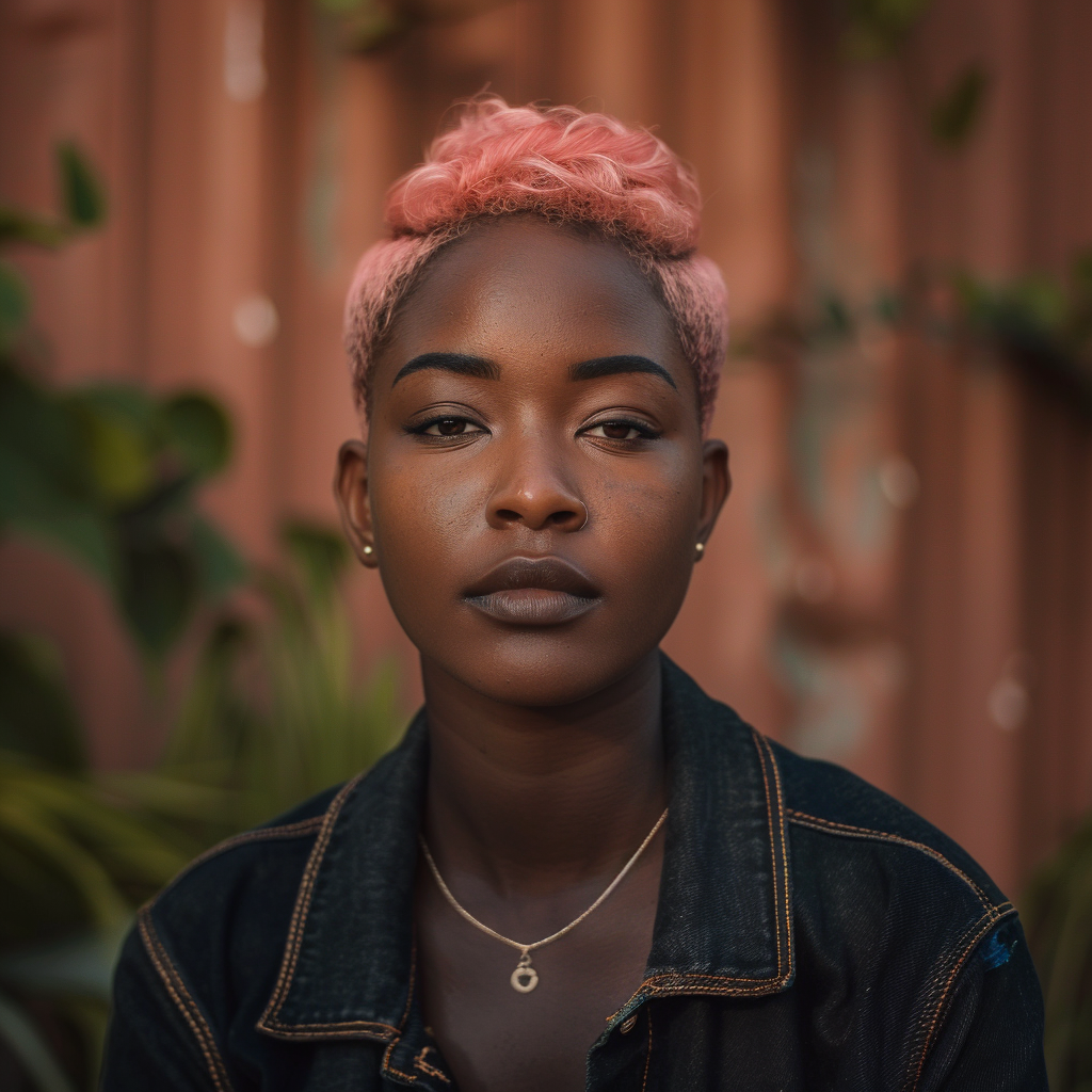 a portrait of black woman with short pink tint hair ,Sony α7 III camera with a 85mm lens at F 1.2 aperture setting to blur the background and isolate the subject. The image should be shot in high resolution and in a 1:1 aspect ratio with photorealism mode on to create an ultra-realistic image that captures the subject’s natural beauty and personality