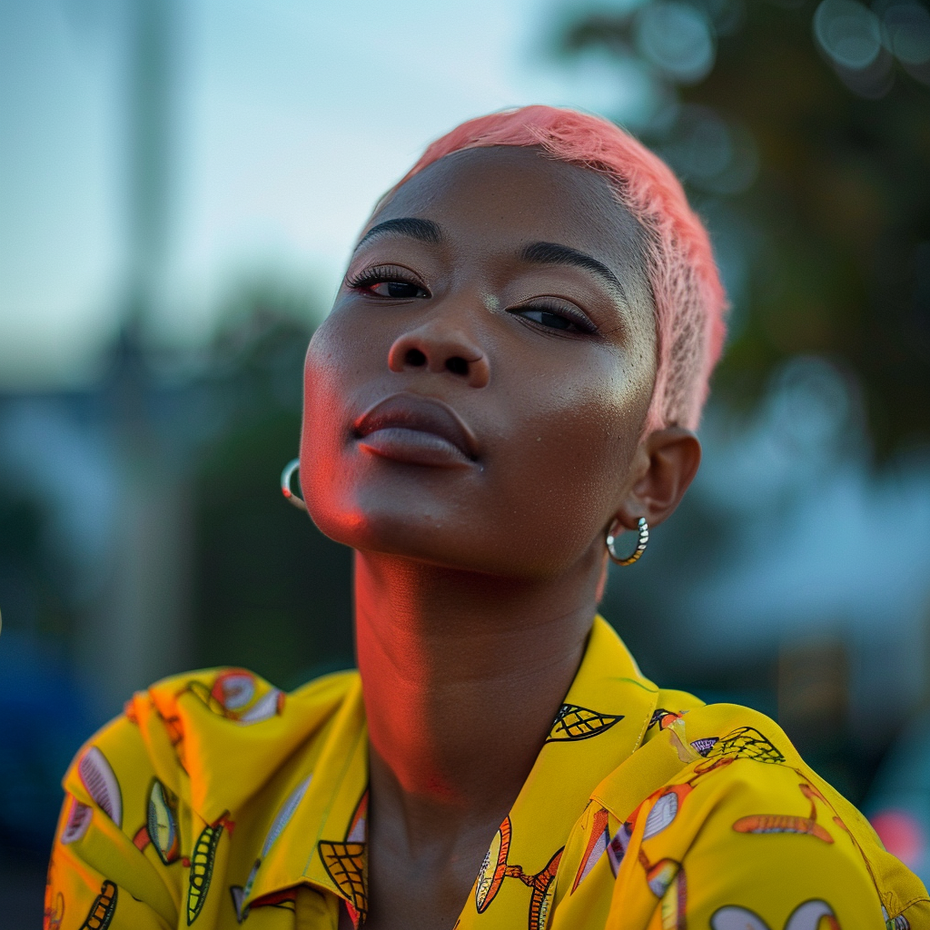 a portrait of black woman with short pink tint hair ,Sony α7 III camera with a 85mm lens at F 1.2 aperture setting to blur the background and isolate the subject. The image should be shot in high resolution and in a 1:1 aspect ratio with photorealism mode on to create an ultra-realistic image that captures the subject’s natural beauty and personality