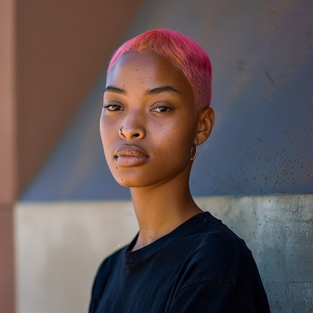 a portrait of black woman with short pink tint hair ,Sony α7 III camera with a 85mm lens at F 1.2 aperture setting to blur the background and isolate the subject. The image should be shot in high resolution and in a 1:1 aspect ratio with photorealism mode on to create an ultra-realistic image that captures the subject’s natural beauty and personality