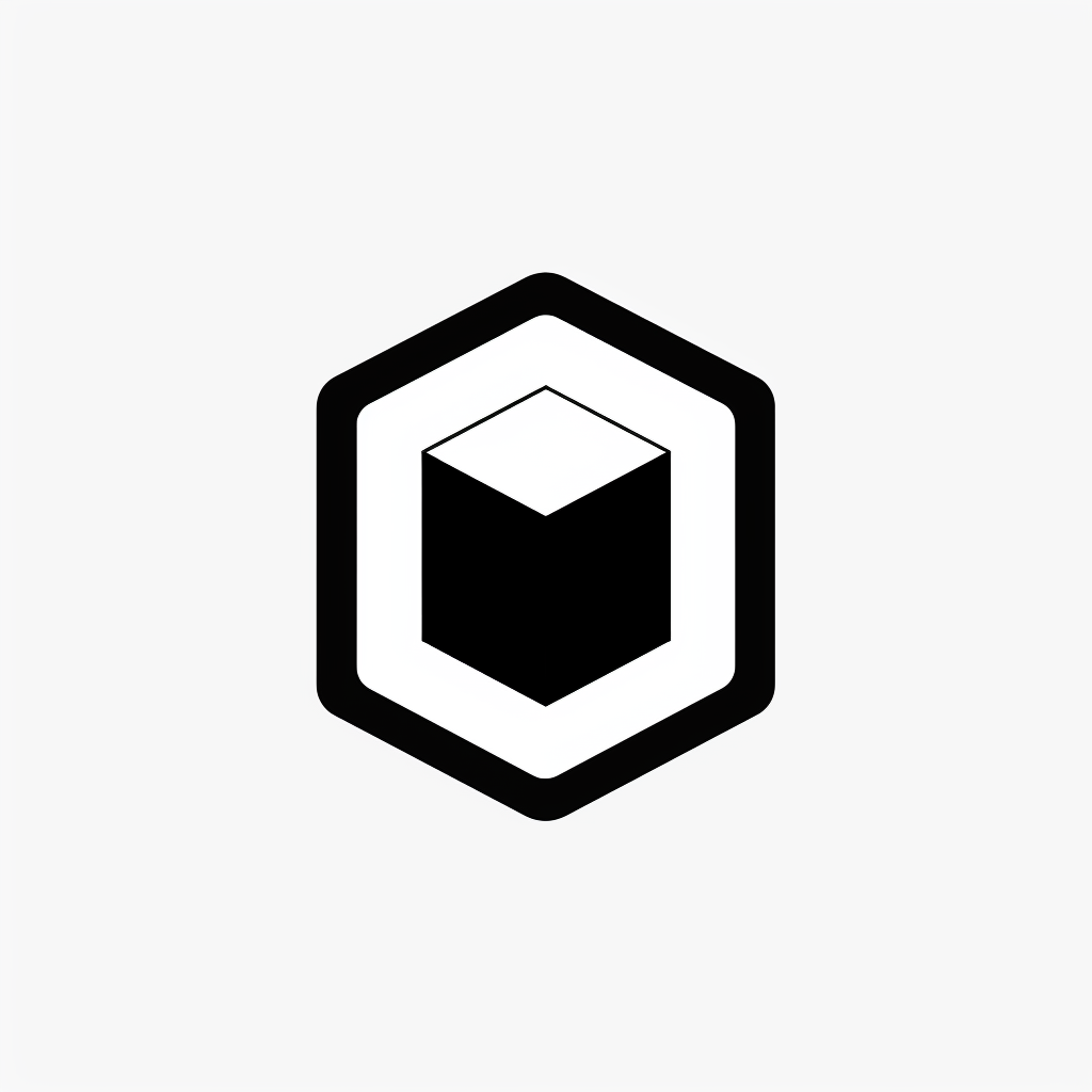 logo, minimalistic style logo of cube with white background and black symbol for company name 'iDorf', icon in the shape of an octagon that represents an augmented reality app on mobile phone, small circle inside big square, simple design