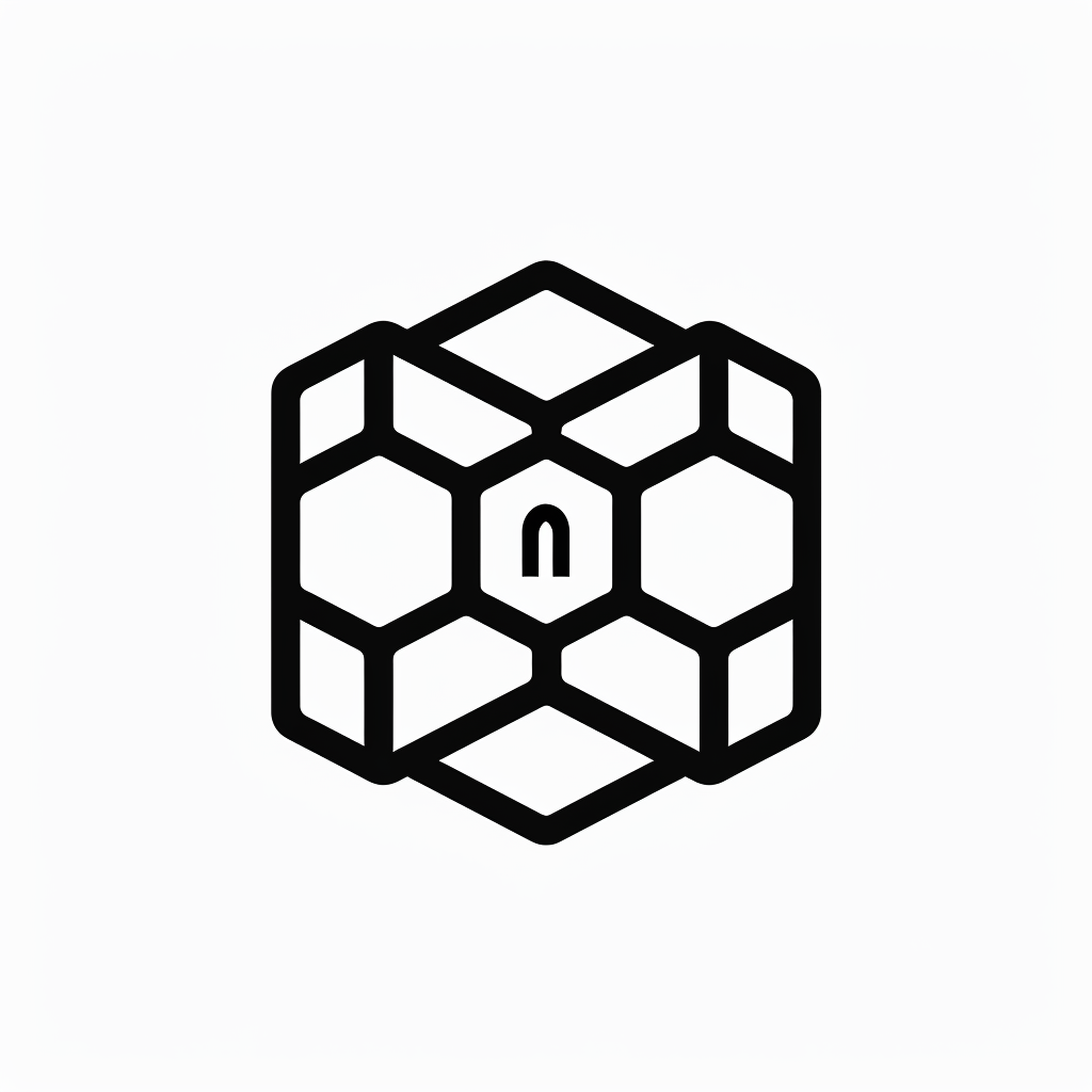 logo, minimalistic style logo of cube with white background and black symbol for company name 'iDorf', icon in the shape of an octagon that represents an augmented reality app on mobile phone, small circle inside big square, simple design