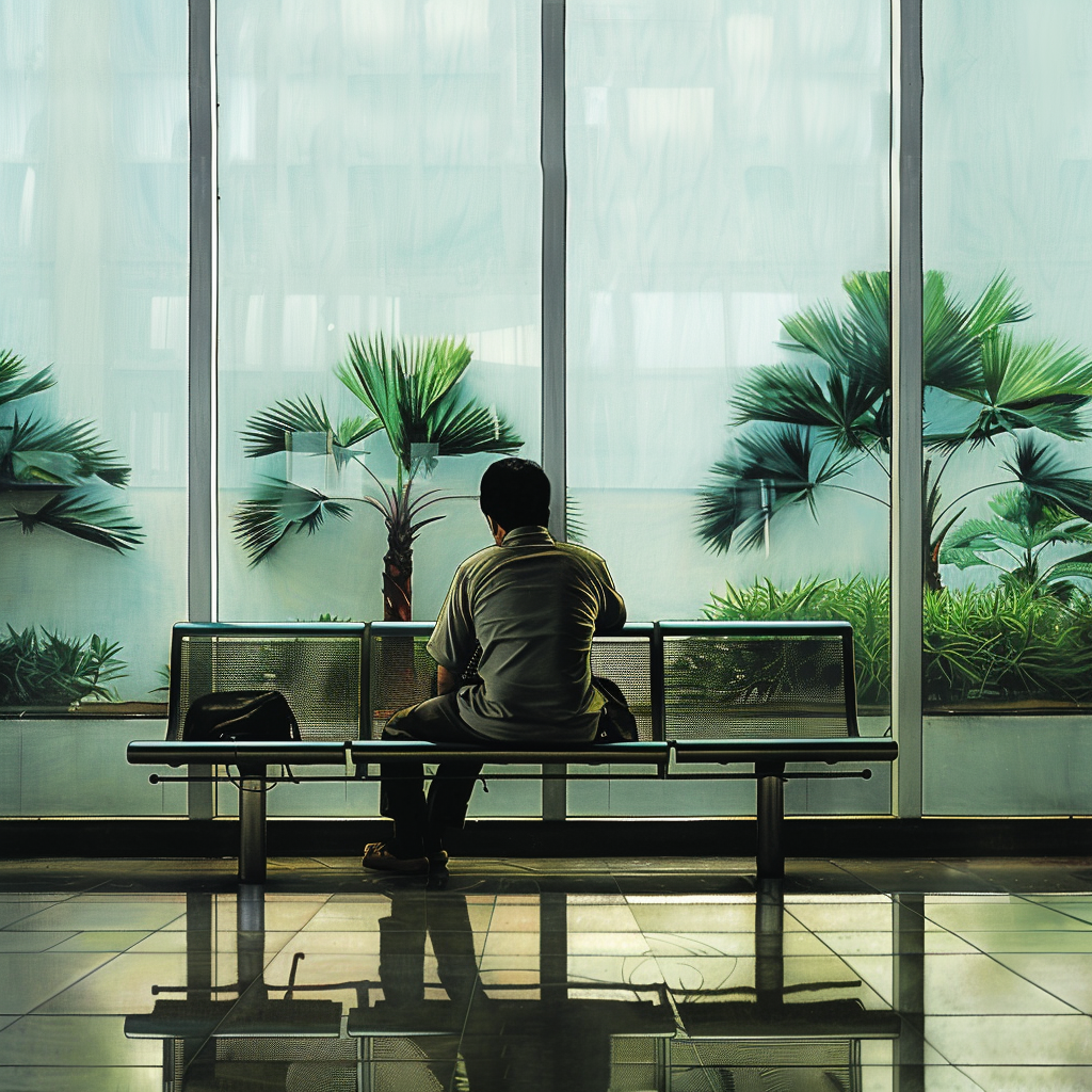 a guy waiting on a bench at kuala lumpur international airport, realism, realistic