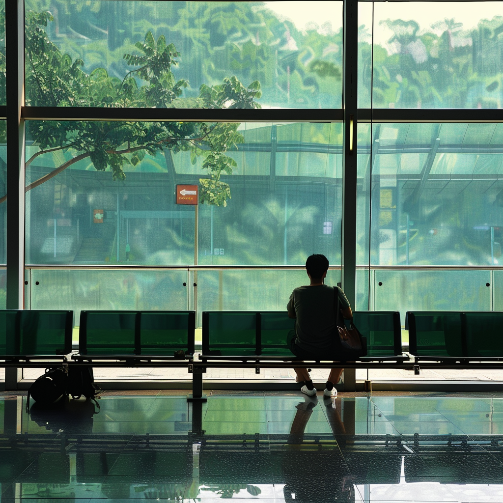 a guy waiting on a bench at kuala lumpur international airport, realism, realistic