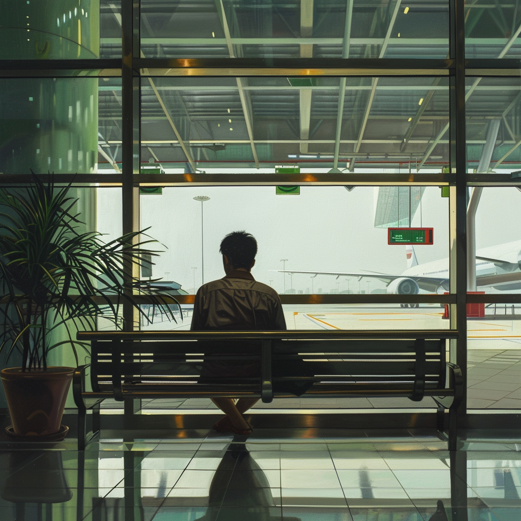 a guy waiting on a bench at kuala lumpur international airport, realism, realistic