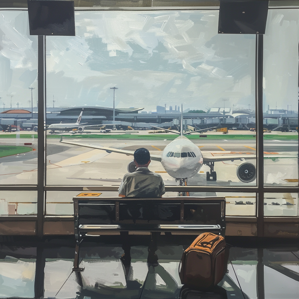 a guy waiting on a bench at kuala lumpur international airport, realism, realistic