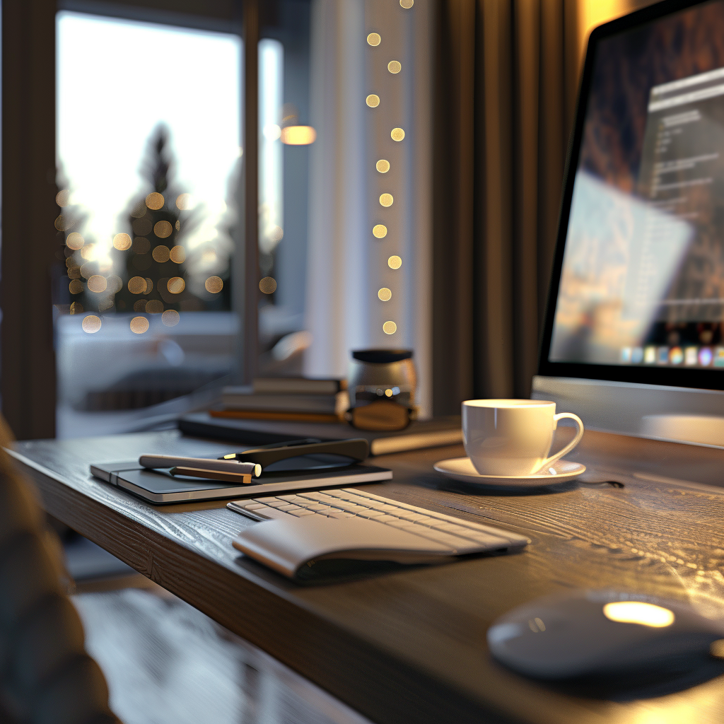 Create a visual representation of a modern-looking office desk in 3D with a blurred background effect called bokeh.