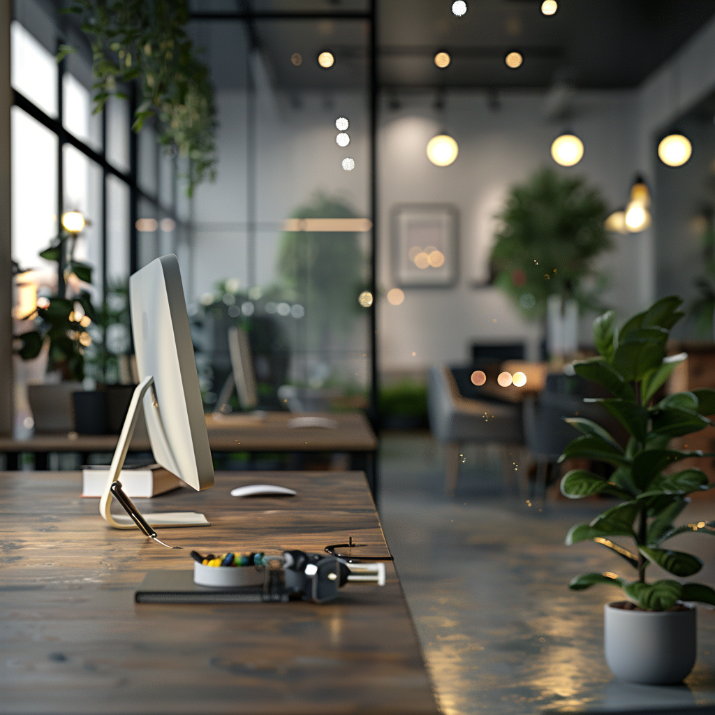 Create a visual representation of a modern-looking office desk in 3D with a blurred background effect called bokeh.