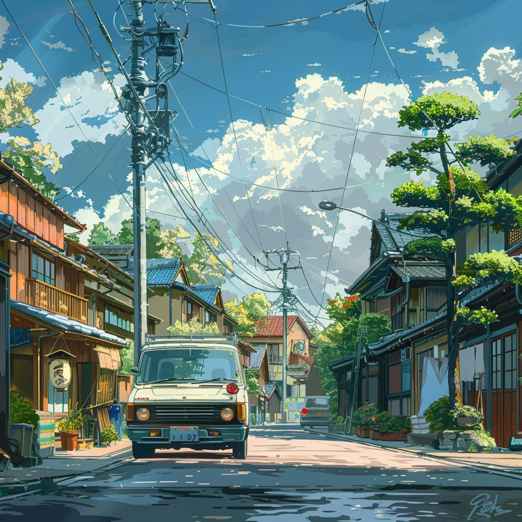 car on street, in the style of Studio Ghibli, anime art