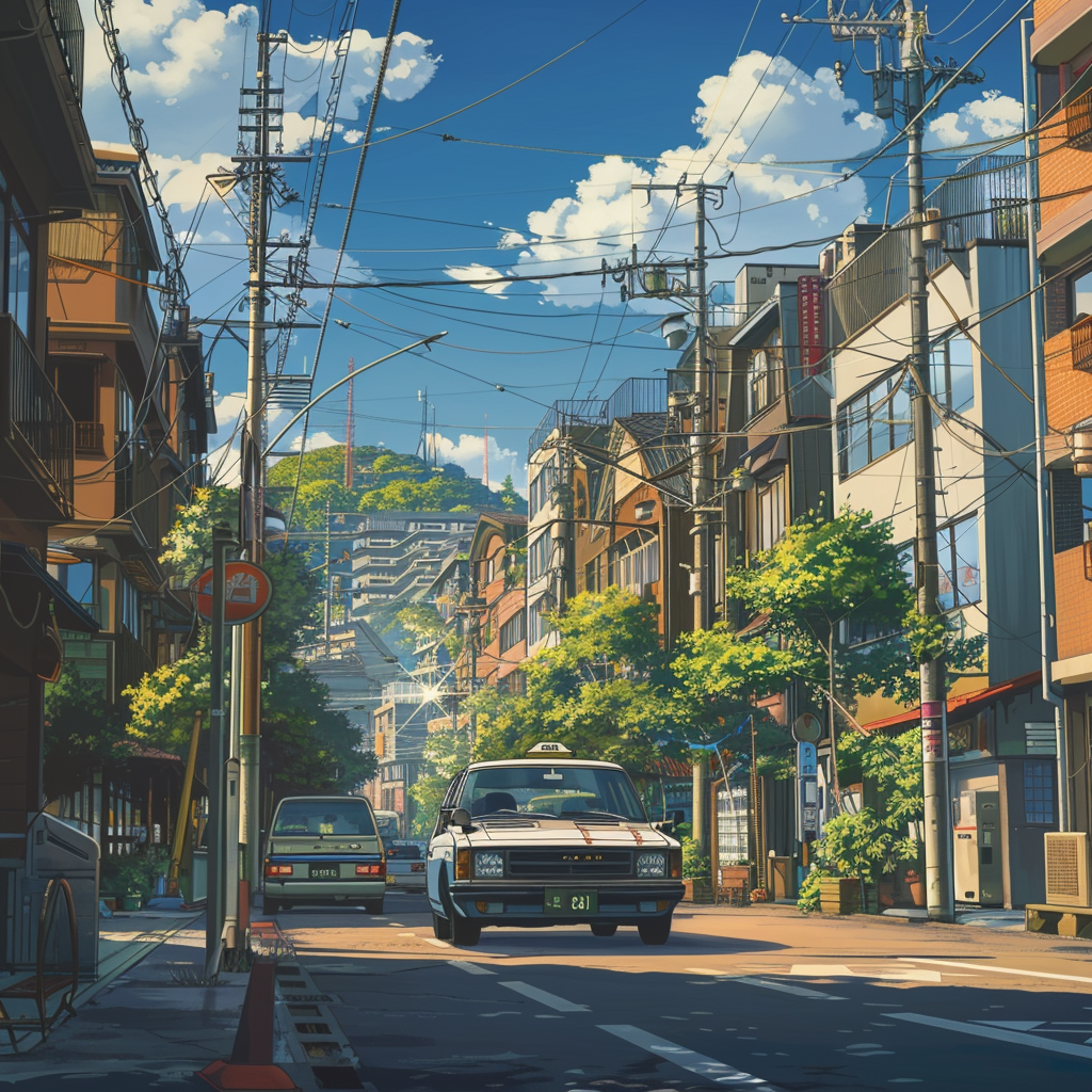 car on street, in the style of Studio Ghibli, anime art