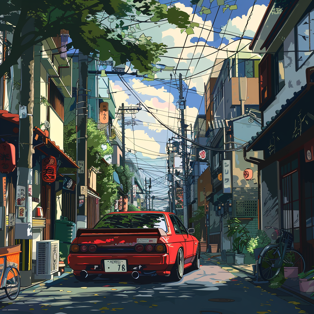 car on street, in the style of Studio Ghibli, anime art