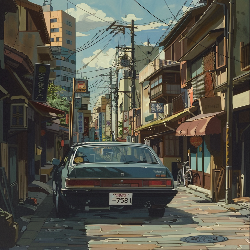 car on street, in the style of Studio Ghibli, anime art