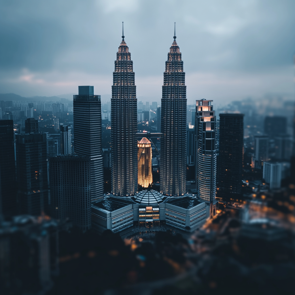 a landscape of picture of Petronas win towers in Kuala Lumpur  ,Sony α7 III camera with a 85mm lens at F 1.2 aperture setting to blur the background and isolate the subject. The image should be shot in high resolution and in a 1:1 aspect ratio with photorealism mode on to create an ultra-realistic image that captures the landscape's natural beauty and personality