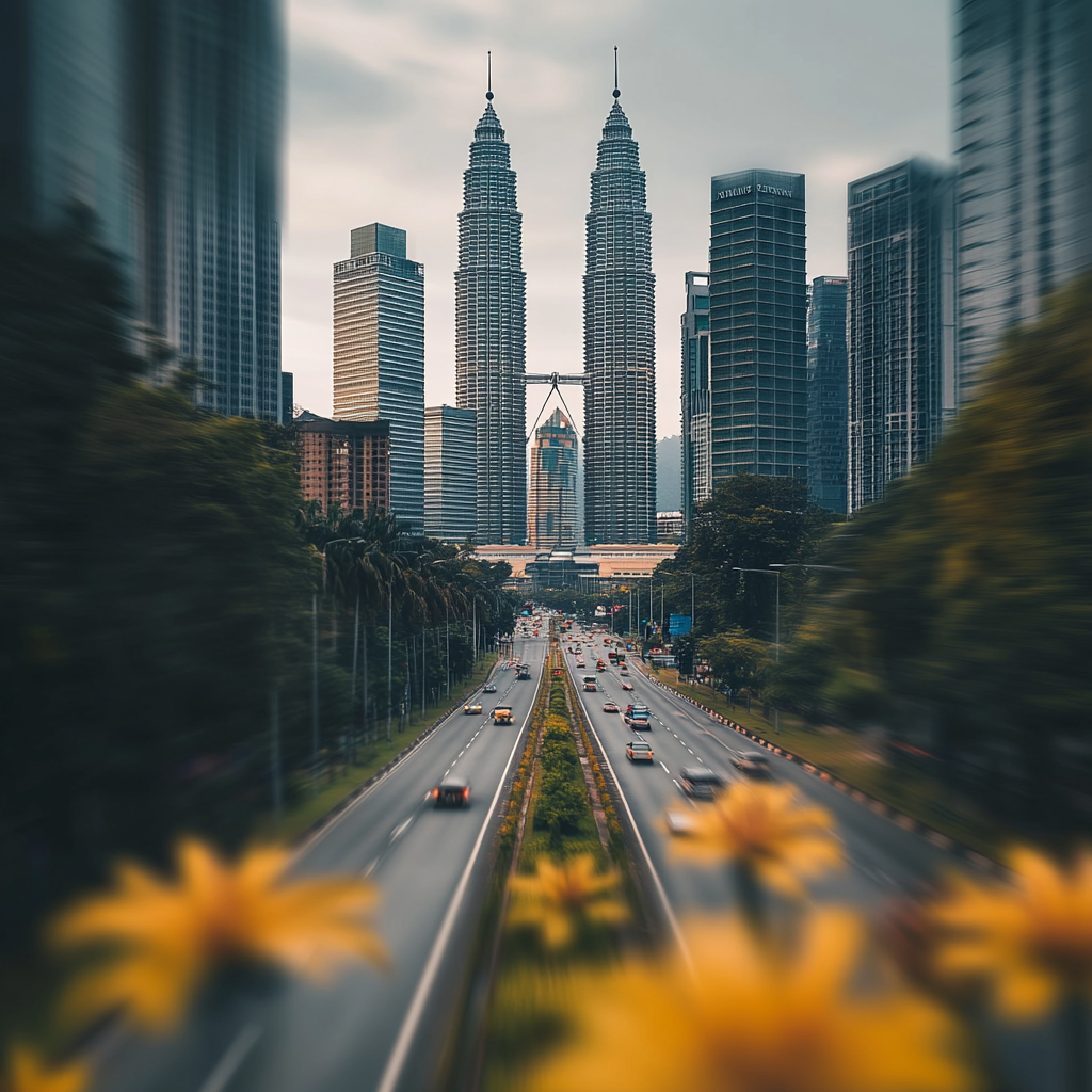 a landscape of picture of Petronas win towers in Kuala Lumpur  ,Sony α7 III camera with a 85mm lens at F 1.2 aperture setting to blur the background and isolate the subject. The image should be shot in high resolution and in a 1:1 aspect ratio with photorealism mode on to create an ultra-realistic image that captures the landscape's natural beauty and personality