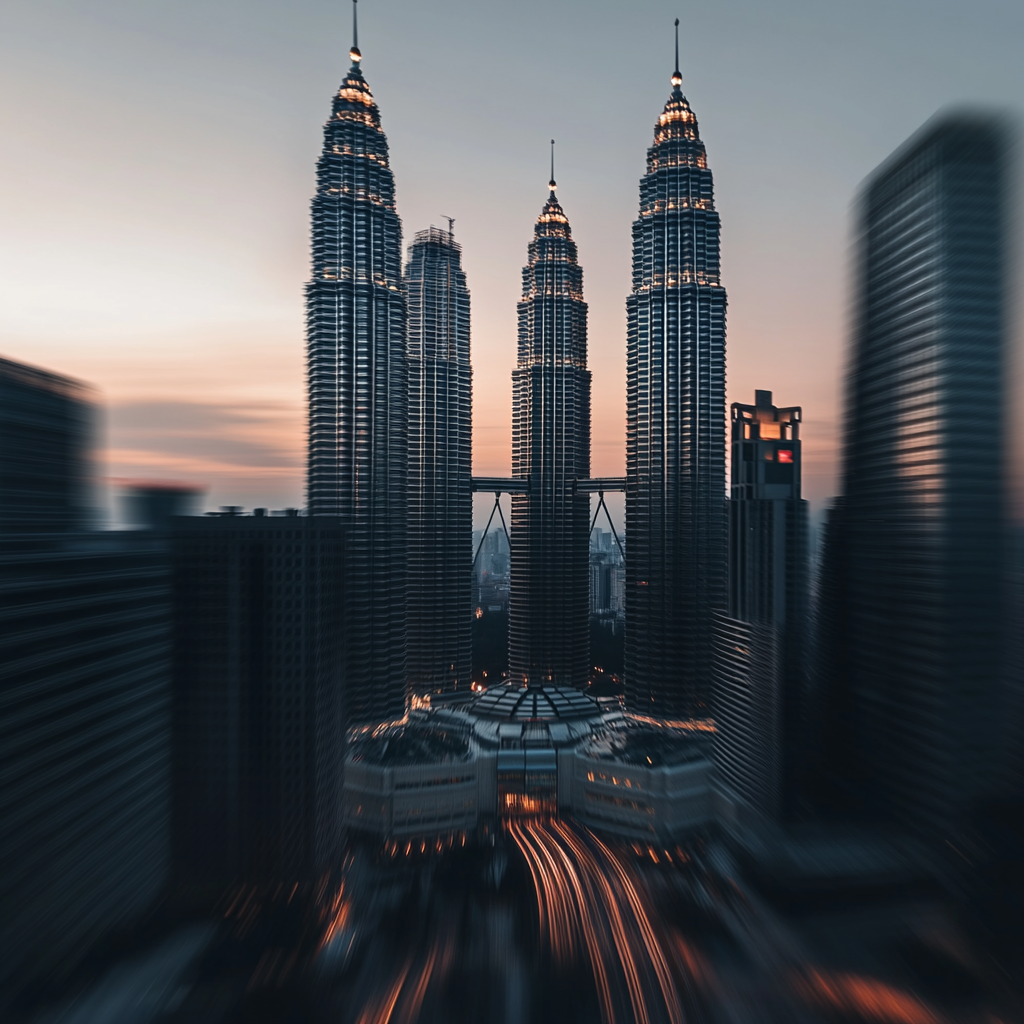 a landscape of picture of Petronas win towers in Kuala Lumpur  ,Sony α7 III camera with a 85mm lens at F 1.2 aperture setting to blur the background and isolate the subject. The image should be shot in high resolution and in a 1:1 aspect ratio with photorealism mode on to create an ultra-realistic image that captures the landscape's natural beauty and personality