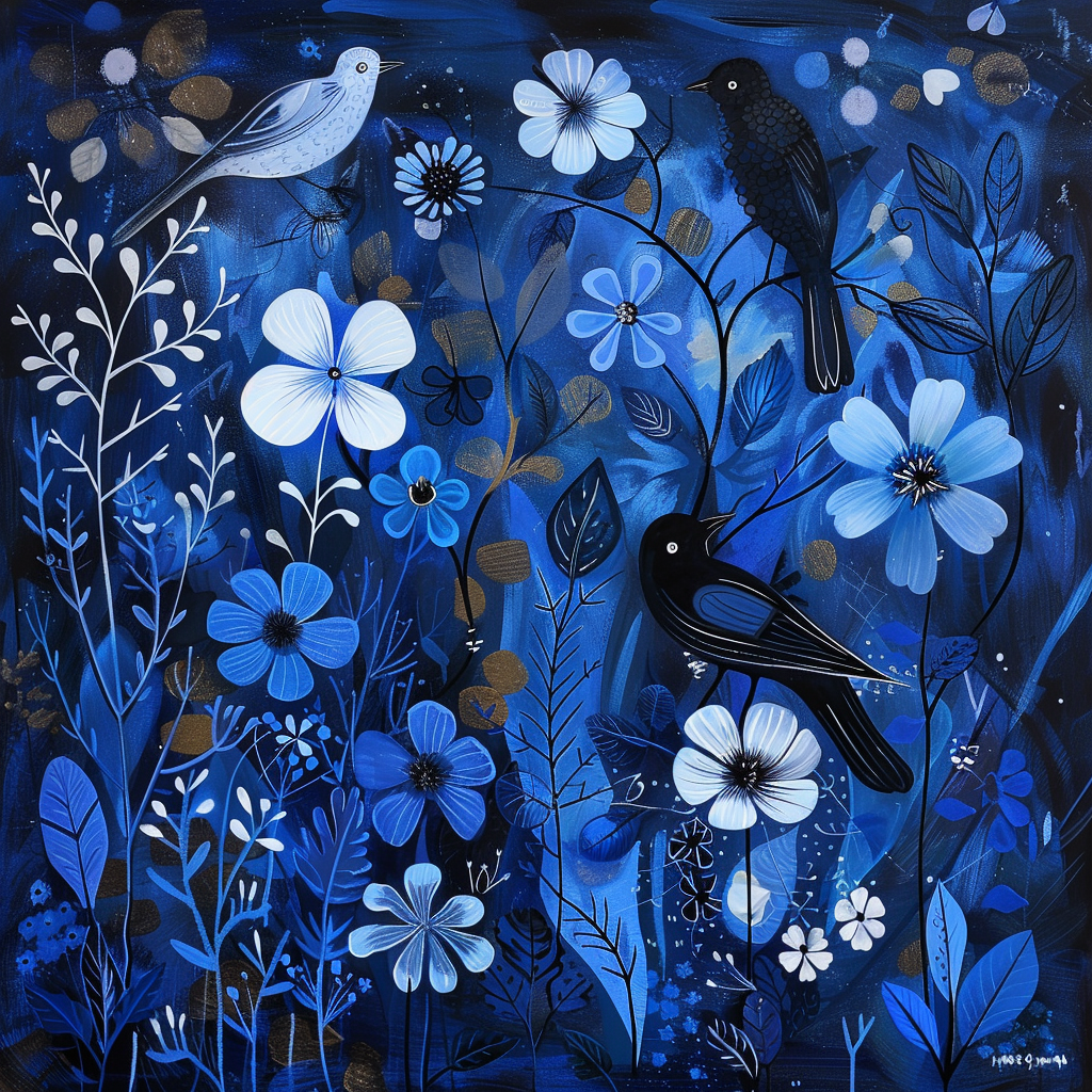 a lovely blue and black day with flowers and birds