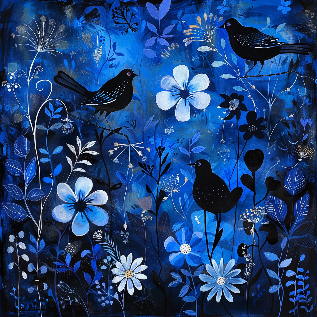 a lovely blue and black day with flowers and birds