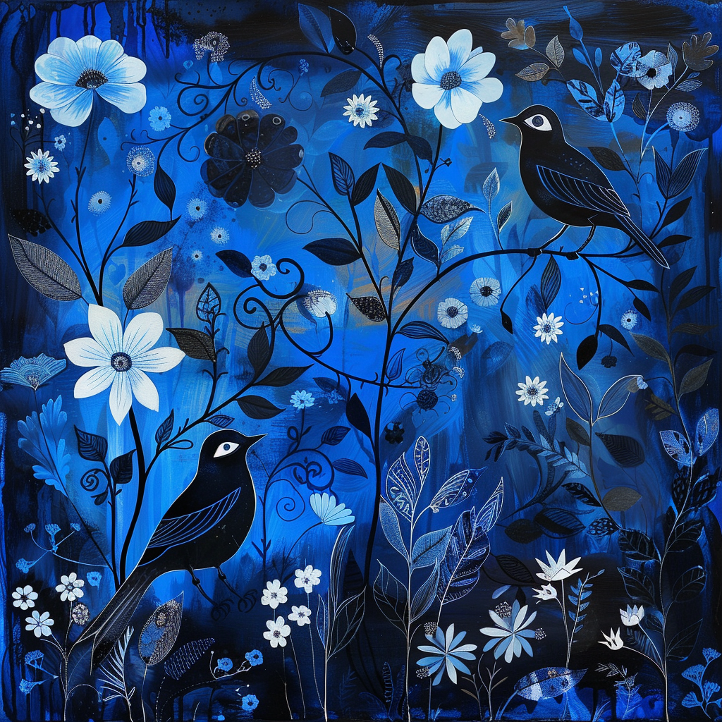 a lovely blue and black day with flowers and birds